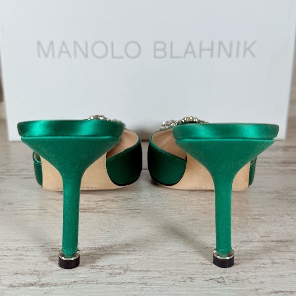 Manolo Blahnik Size 36 Green Hangisi Hangisimu Heeled Mules Satin 70MM NEW - Picture 10 of 16
